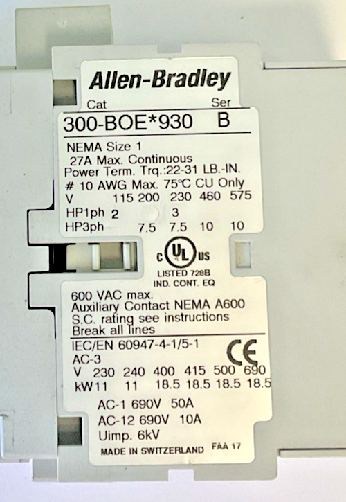 ALLEN BRADLEY 300-BOE*930 CONTACTOR  SER.B SIZE 1 27A 600VAC