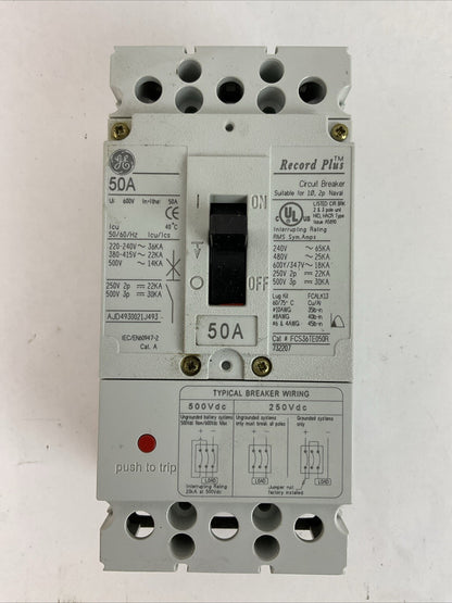 GE FCS36TE050R RECORD PLUS CIRCUIT BREAKER 50AMP 500VDC 600Y/347VAC 480VAC 3POLE
