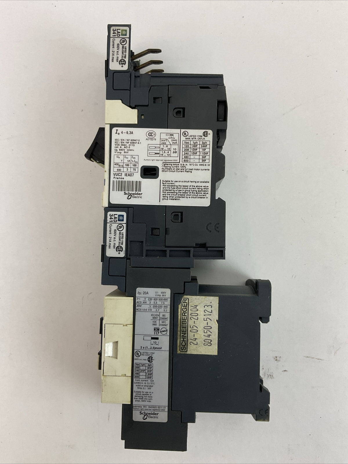 SCHNEIDER GV2ME103/4-6.3A CIRCUIT BREAKER LC1D123BL CONTACTOR COIL 24VDC LAD341