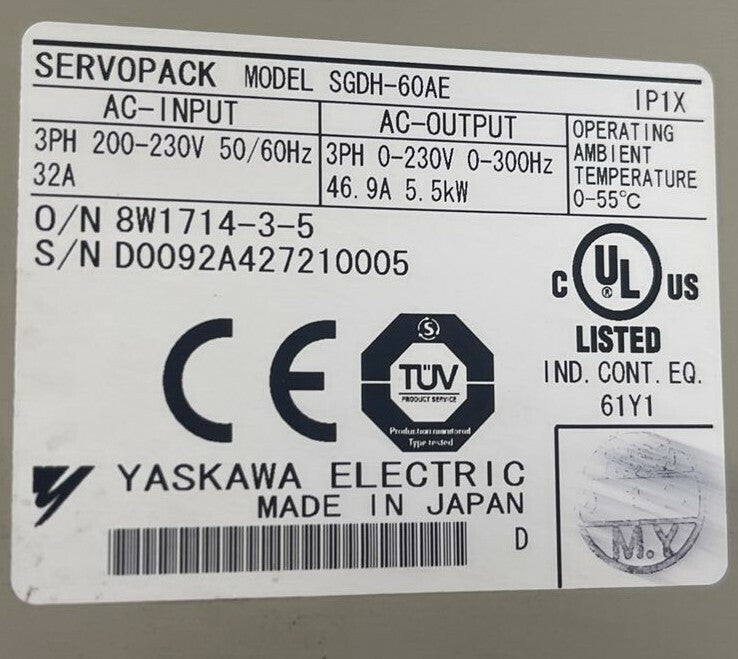 YASKAWA SGDH-60AE SERVOPACK 200V VER. 36A45 INPUT 200-230VAC OUTPUT 0-230VAC