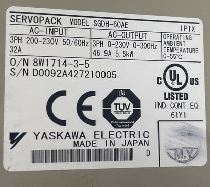 YASKAWA SGDH-60AE SERVOPACK 200V VER. 36A45 INPUT 200-230VAC OUTPUT 0-230VAC