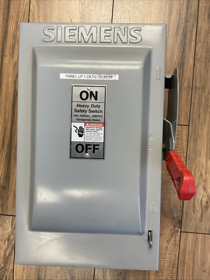 SIEMEN HF362N FUSIBLE SAFETY SWITCH 600VAC 50HP 600VDC 30HP 60A