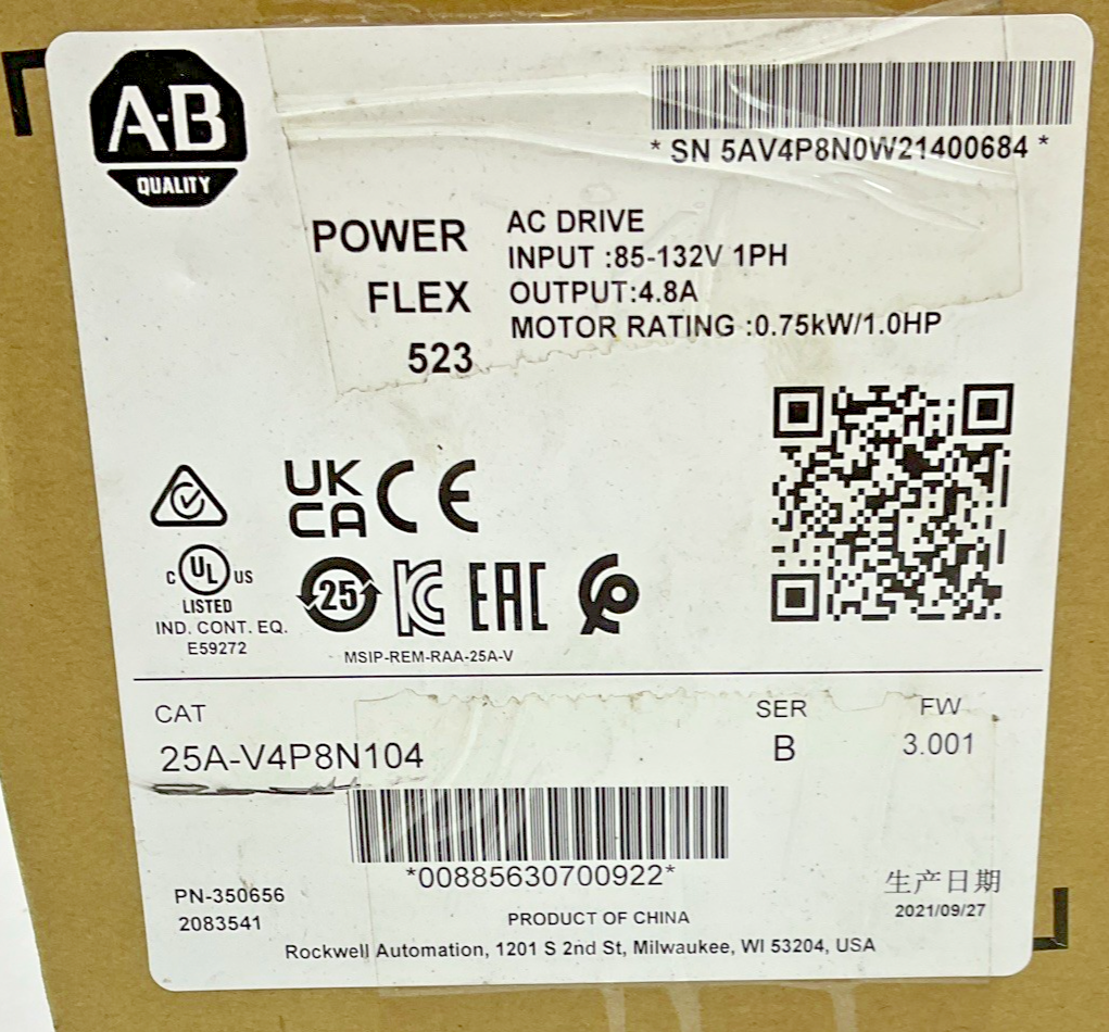 ALLEN BRADLEY 25A-V4P8N104 AC DRIVE 132V 1PH SER.B 1HP FW:3.001 4.8A
