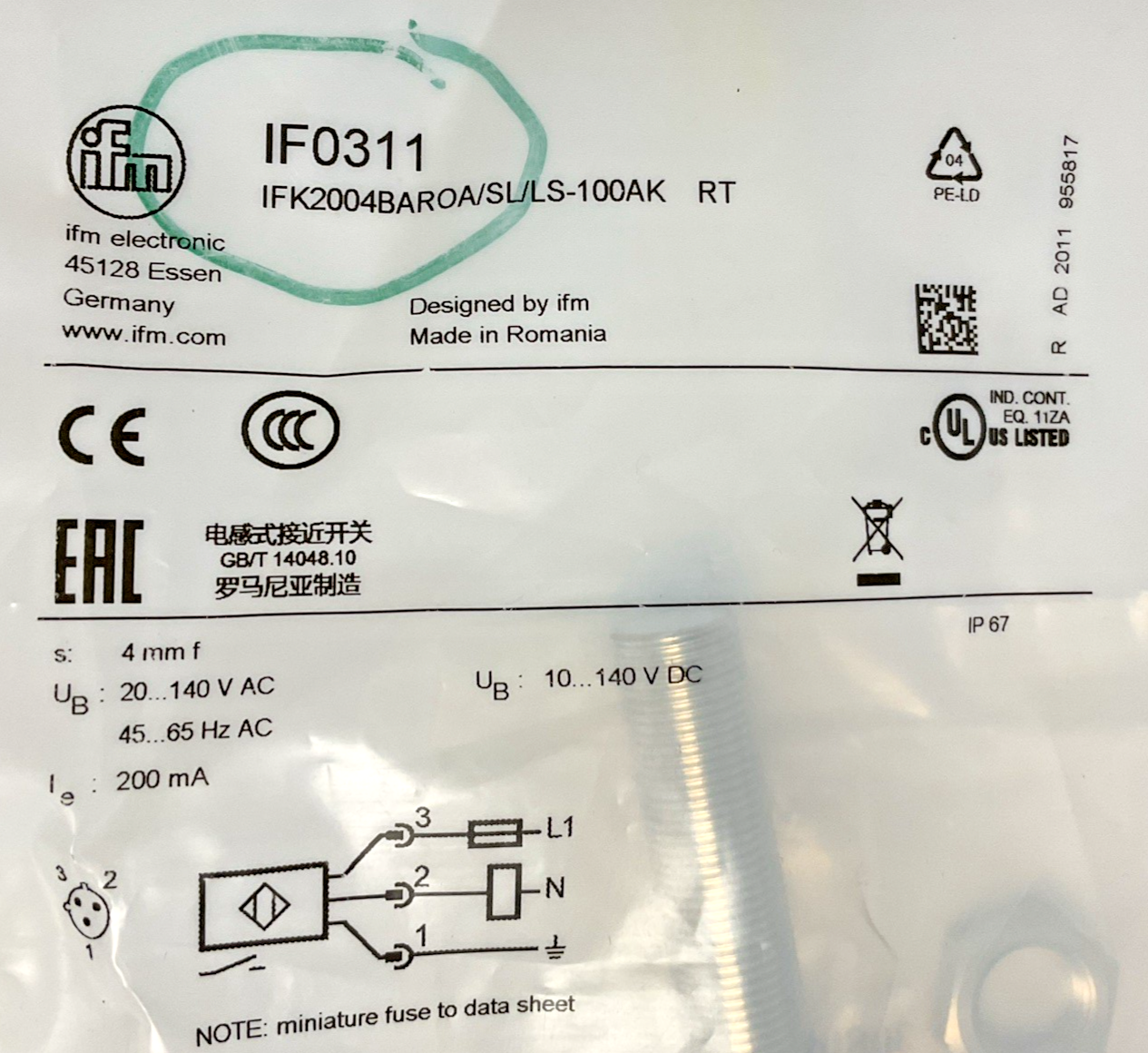 IFM IFK2004BAROA/SL/LS-100AK PROXIMITY SENSOR  140VAC/VDC 65HZ
