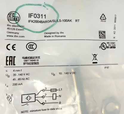 IFM IFK2004BAROA/SL/LS-100AK PROXIMITY SENSOR  140VAC/VDC 65HZ