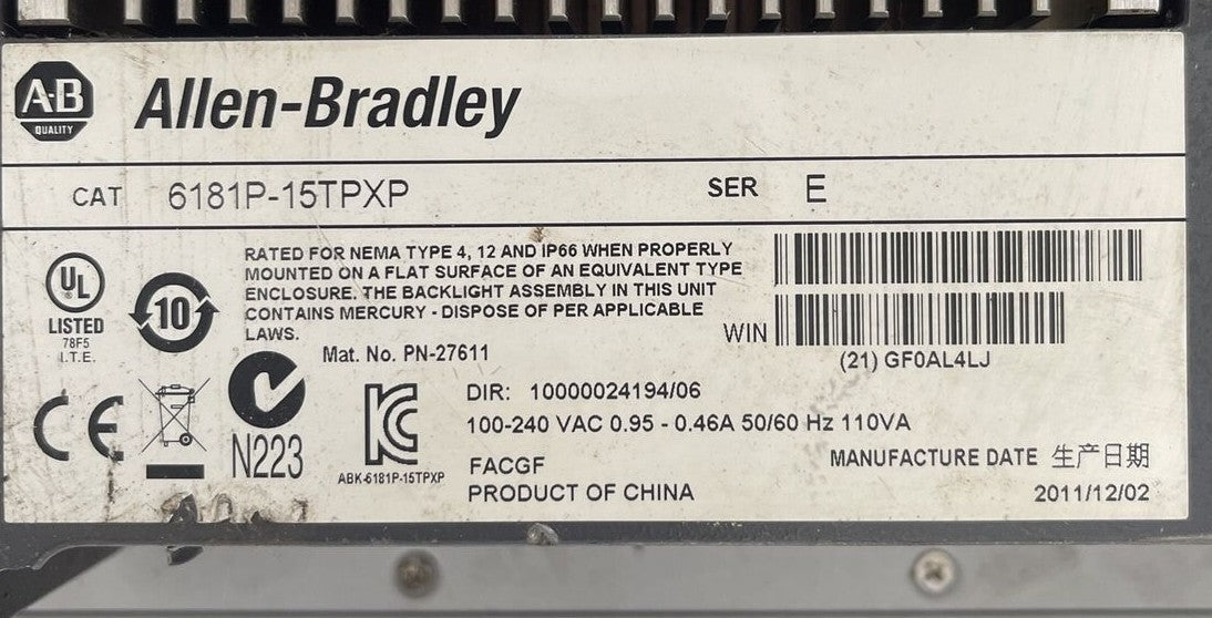 ALLEN BRADLEY 6181P-15TPXP DISPLAY COMPUTER SER E 100-240VAC 0.95-0.46A 110VA
