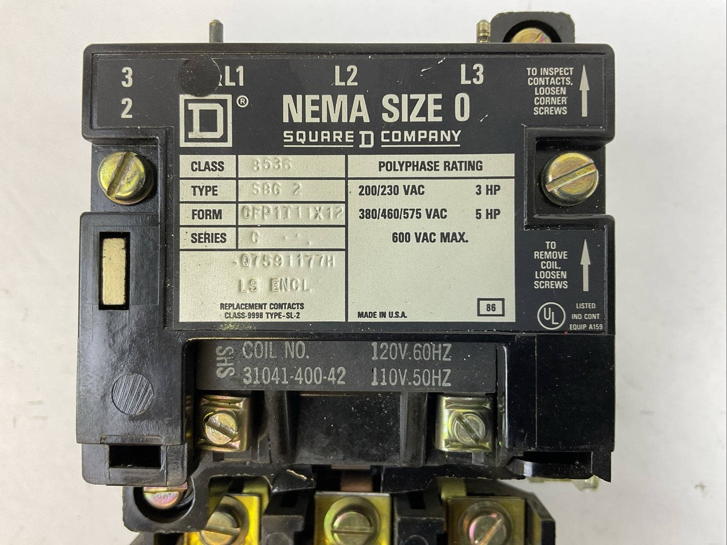 SQUARE D 8536SBG2 SIZE 0 STARTER 600VAC 5HP B14 HEATERS 31041-400-42 COIL 120V