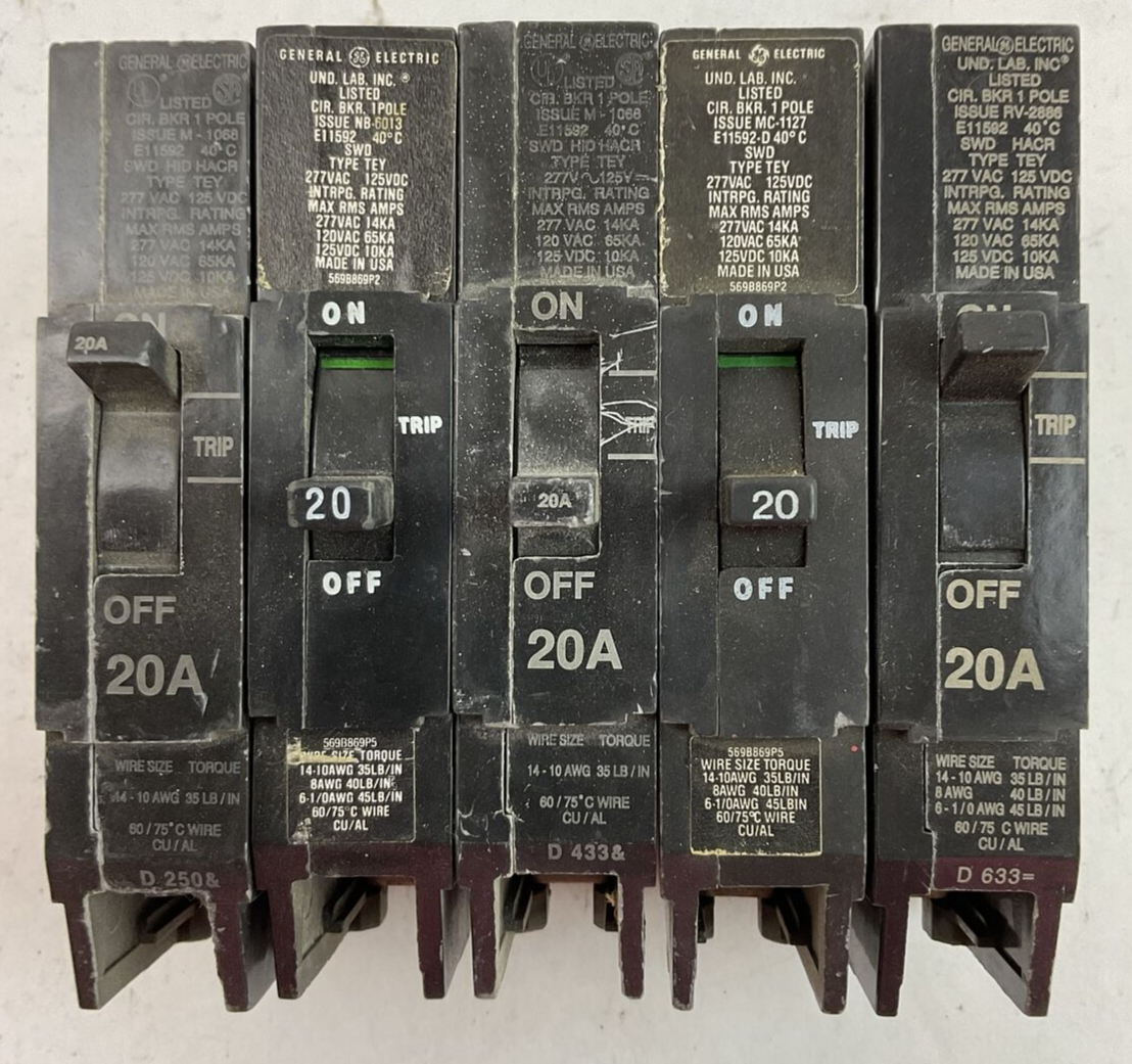 GE TEY120 20AMP 277VAC 125VDC 1POLE CIRCUIT BREAKER (LOT OF 5)