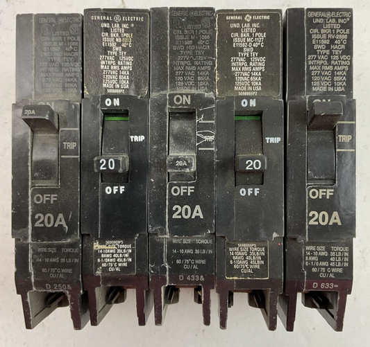 GE TEY120 20AMP 277VAC 125VDC 1POLE CIRCUIT BREAKER (LOT OF 5)