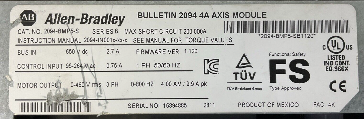 ALLEN BRADLEY 2094-BMP5-S SER B FIRMWARE VER 1.120 BULLETIN 2094 4A AXIS MODULE