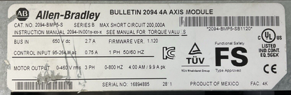 ALLEN BRADLEY 2094-BMP5-S SER B FIRMWARE VER 1.120 BULLETIN 2094 4A AXIS MODULE