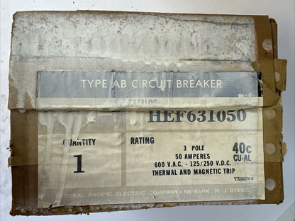 FPE HEF631050 TYPE AB CIRCUIT BREAKER 50AMP 600VAC 125/250VDC 3POLE