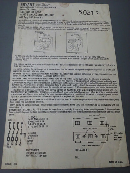 WESTINGHOUSE HFN323 NON FUSIBLE SAFETY SWITCH 100A 240V 3PH 30HP TYPE 1 INDOOR