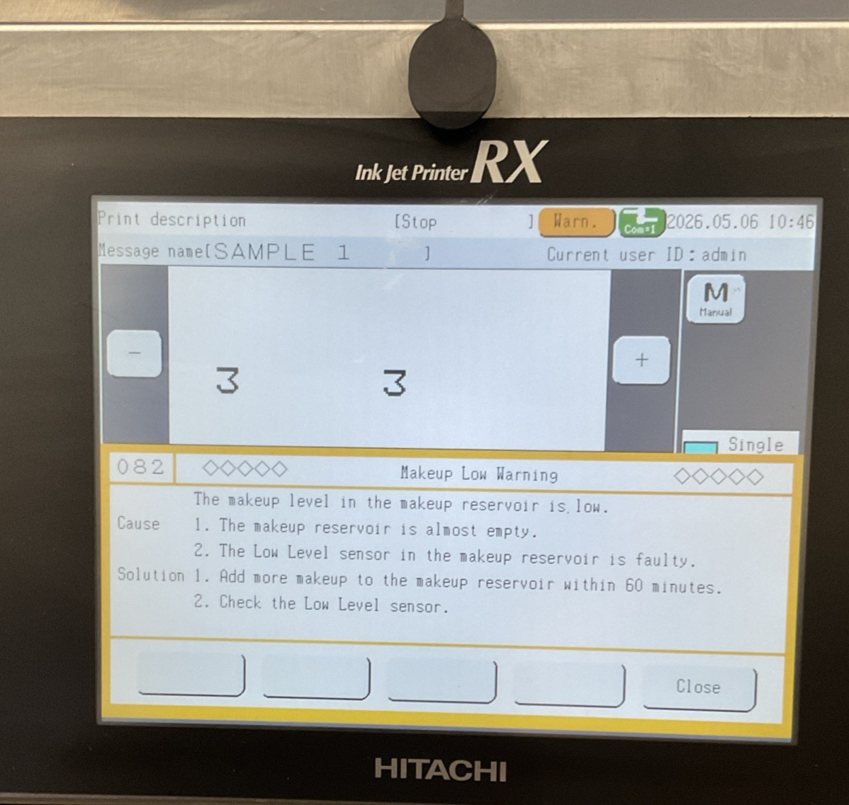 HITACHI RX2-SD160W INK JET PRINTER 240V 50/60HZ 1.2A *NO KEY SCREEN COVER OPEN*