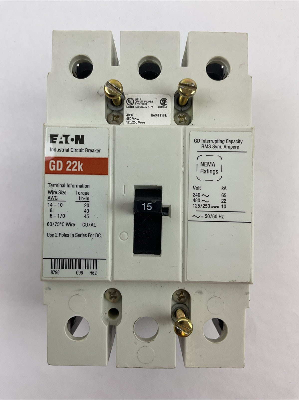 EATON GD 22 INDUSTRIAL CIRCUIT BREAKE 3POLE 15AMP 480VAC 125/250VDC