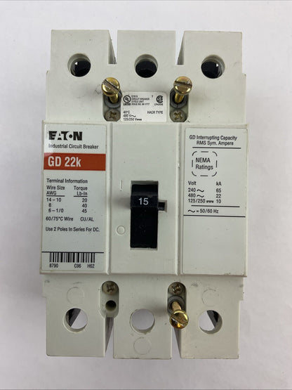 EATON GD 22 INDUSTRIAL CIRCUIT BREAKE 3POLE 15AMP 480VAC 125/250VDC