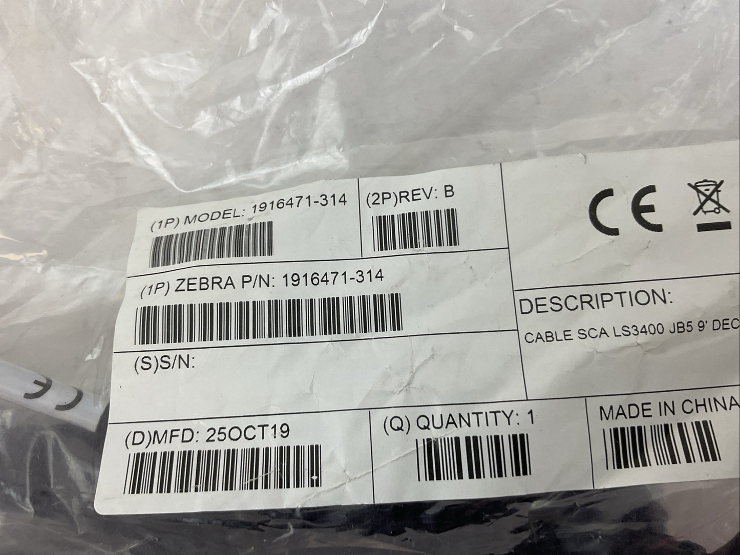 ZEBRA P/N 1916471-314 CABLE SCA LS3400 JB5 9' DEC