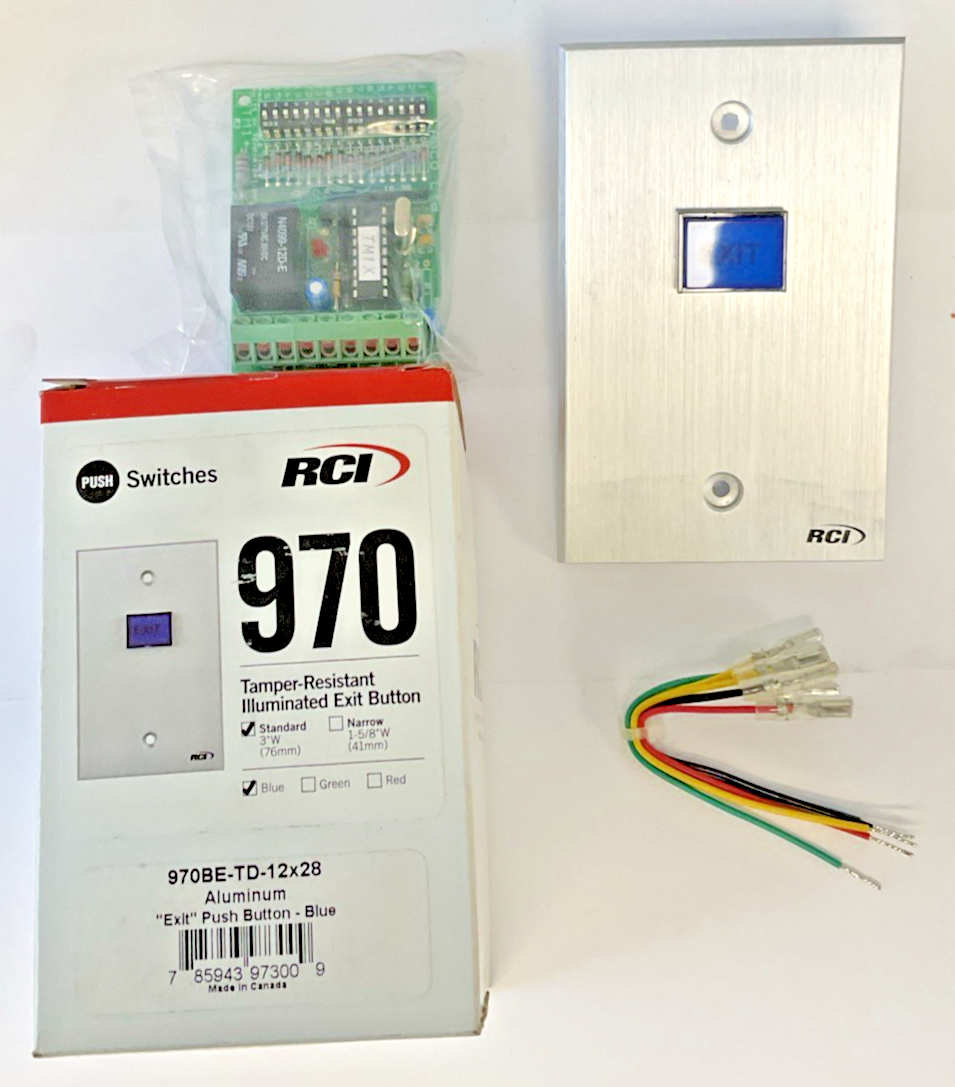 RCI 970BE-TD-12X28 ALUMINUM EXIT PUSH BUTTON BLUE 12V FRAME MOUNT
