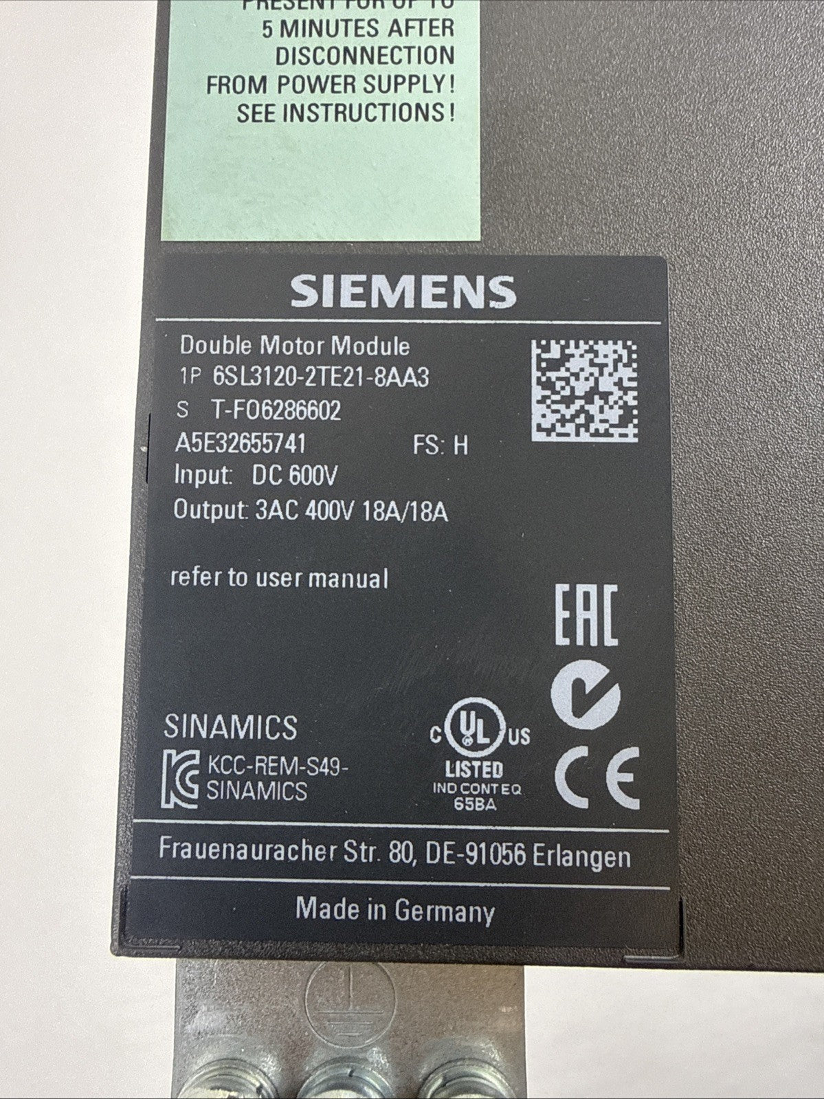 SIEMENS 6SL3120-2TE21-8AA3 / 6SL31202TE218AA3 DOUBLE MOTOR MODULE 600VDC 18A