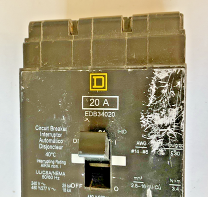 SQUARE D EDB34020 CIRCUIT BREAKER 20A 480/277V