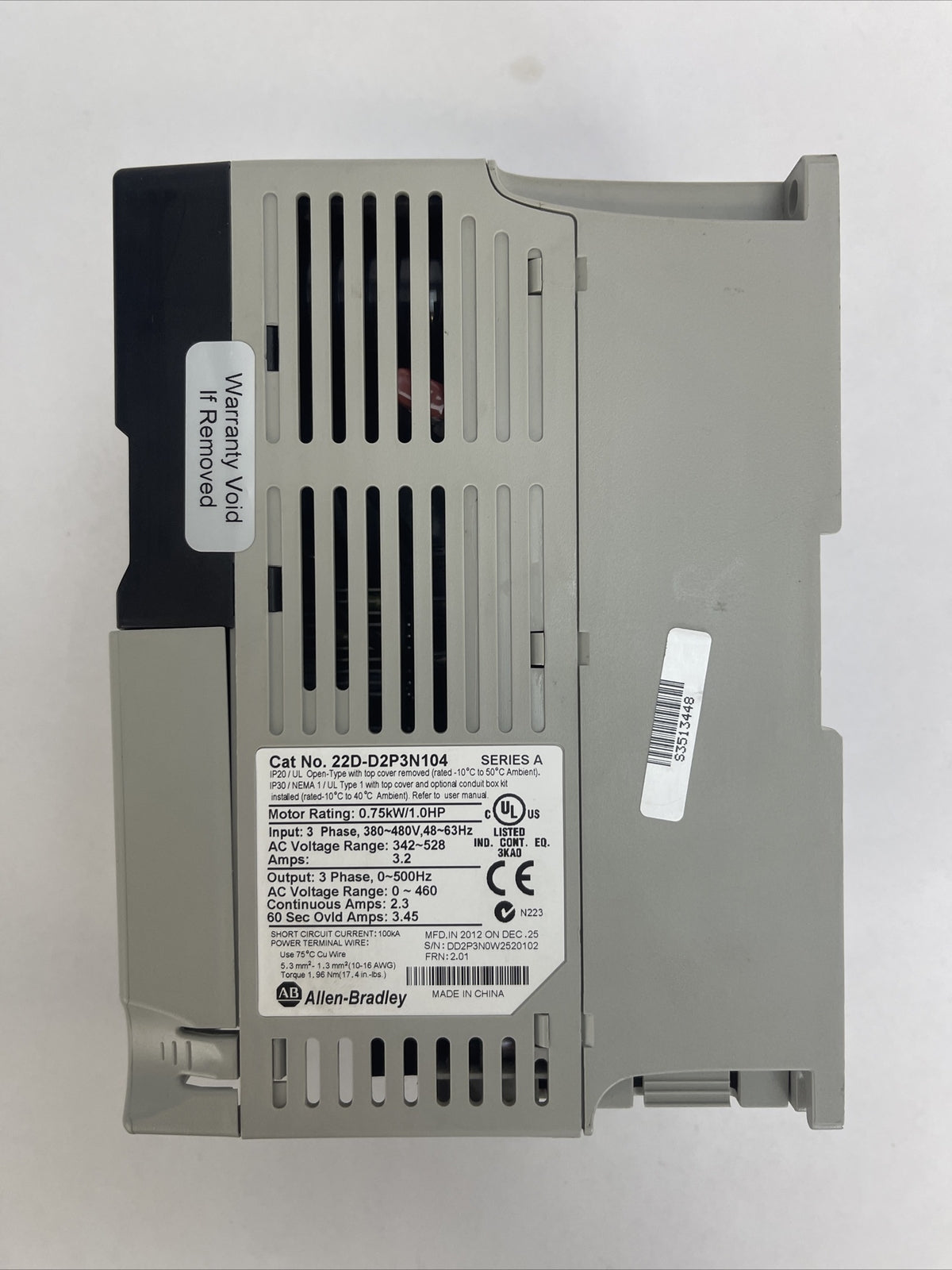 ALLEN BRADLEY 22D-D2P3N104 AC DRIVE POWER FLEX 40 FRN 2.01 OUTPUT 0-460VAC INPUT