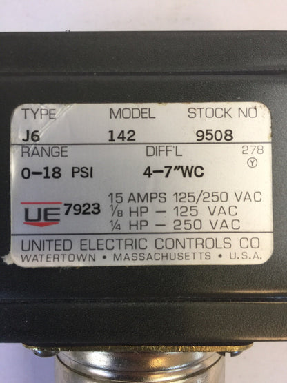 UNITED ELECTRIC J6 9508 142 PRESSURE SWITCH 15A 125/250VAC 1/8HP 125VAC 1/4HP