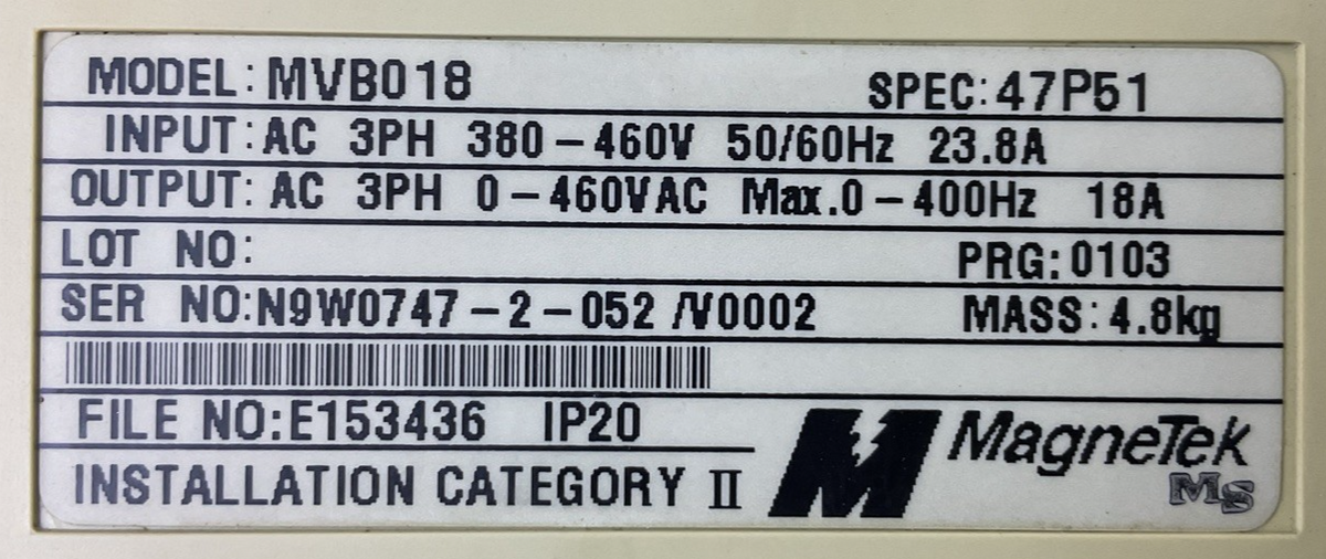 MAGNETEK MVB018 AC DRIVE SPEC:47P51 INTERFACE SI-P1/V7 DIGITAL OPERATOR JVOP-140