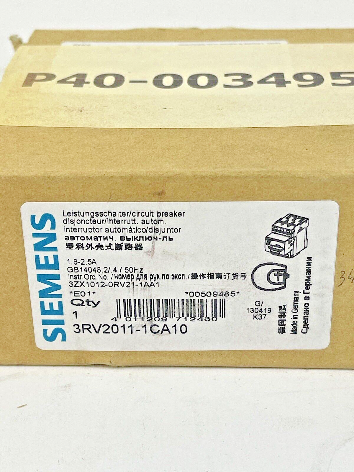 SIEMENS - 3RV2011-1CA10 - CIRCUIT BREAKER / MOTOR PROTECTOR