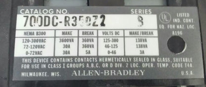 ALLEN BRADLEY 700DC-R350Z2 SER.B, 300V, 30A, 230-250V DC COIL, MISSING PARTS