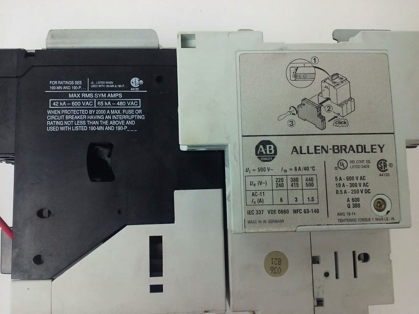 ALLEN-BRADLEY STARTER 190-MN, 190-P010, 190-A40, 190-A11, 199-FSMA1, 120V COIL