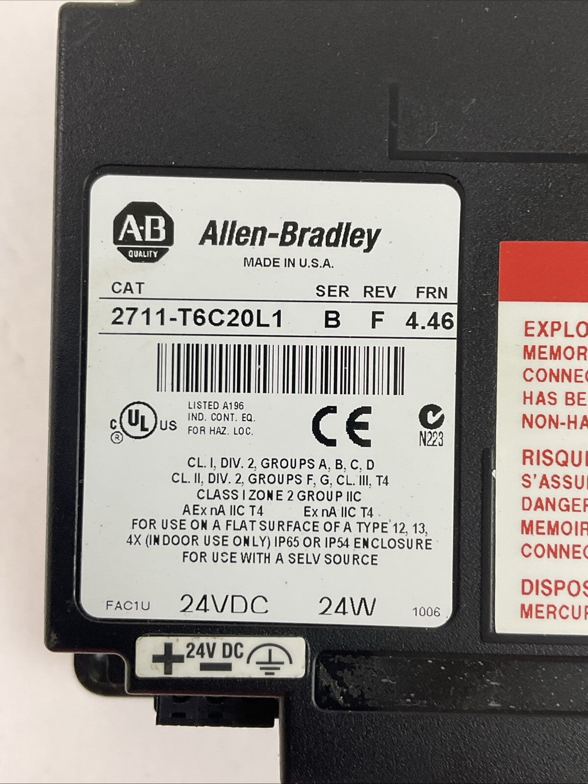 ALLEN BRADLEY 2711-T6C20L1 SER B REV F FRN 4.46 PANELVIEW 600 24VDC