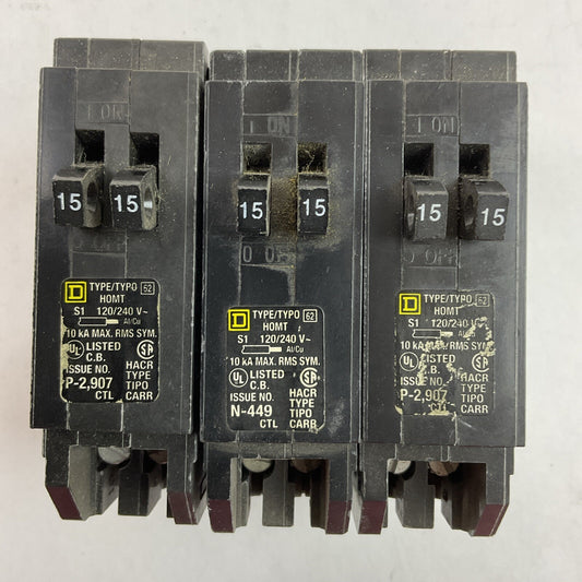 SQUARE D HOMT1515 MINITURE CIRCUIT BREAKER 15/15AMP 120/240VAC (LOT OF 3)