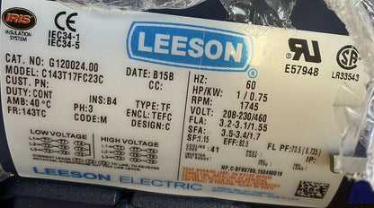 LEESON G120024.00 MOTOR C143T17FC23C 1745RPM 60HZ 1HP 460V FR143TC