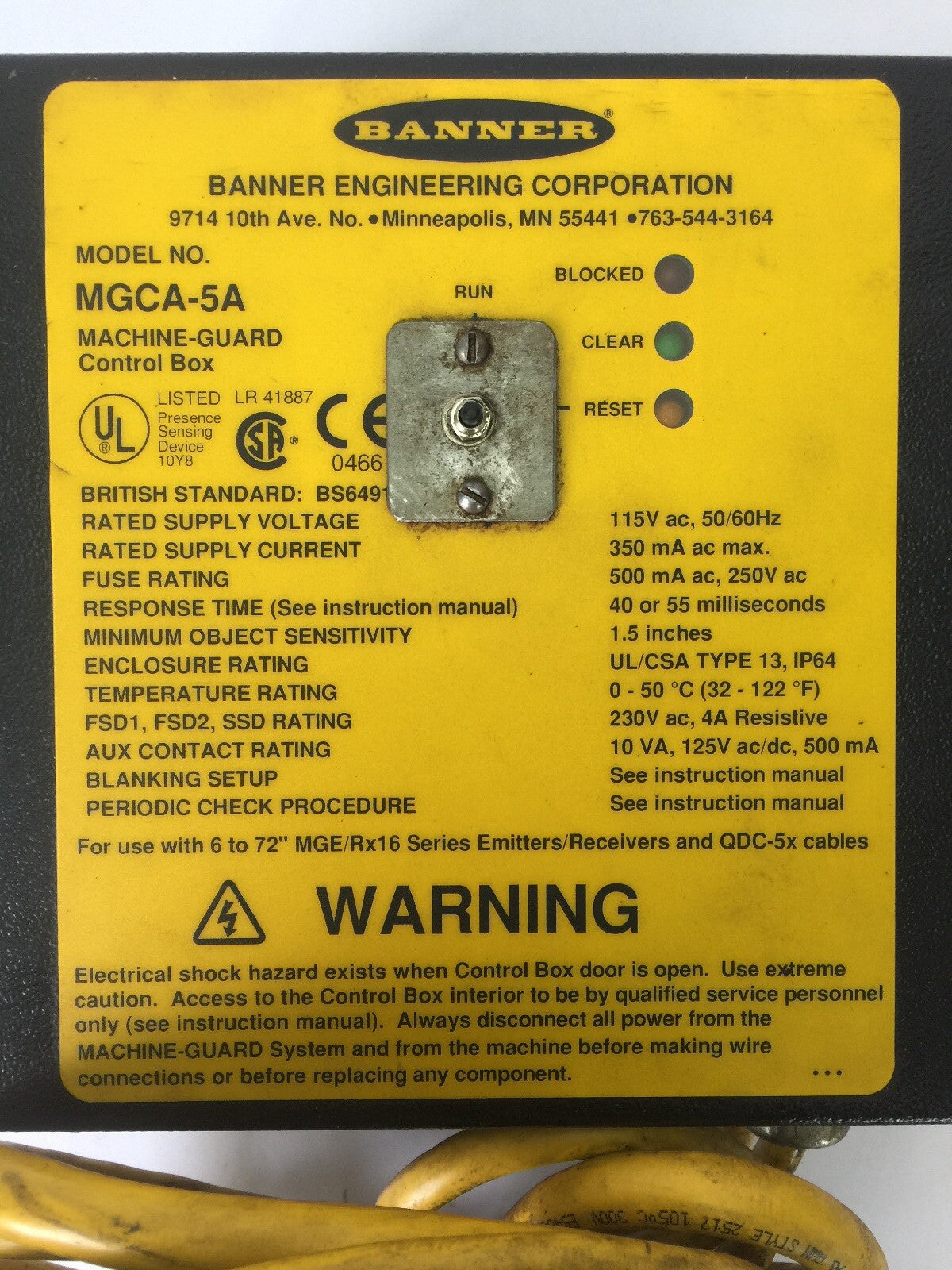 BANNER MGCA-5A MACHINE-GUARD CONTROL BOX 115VAC