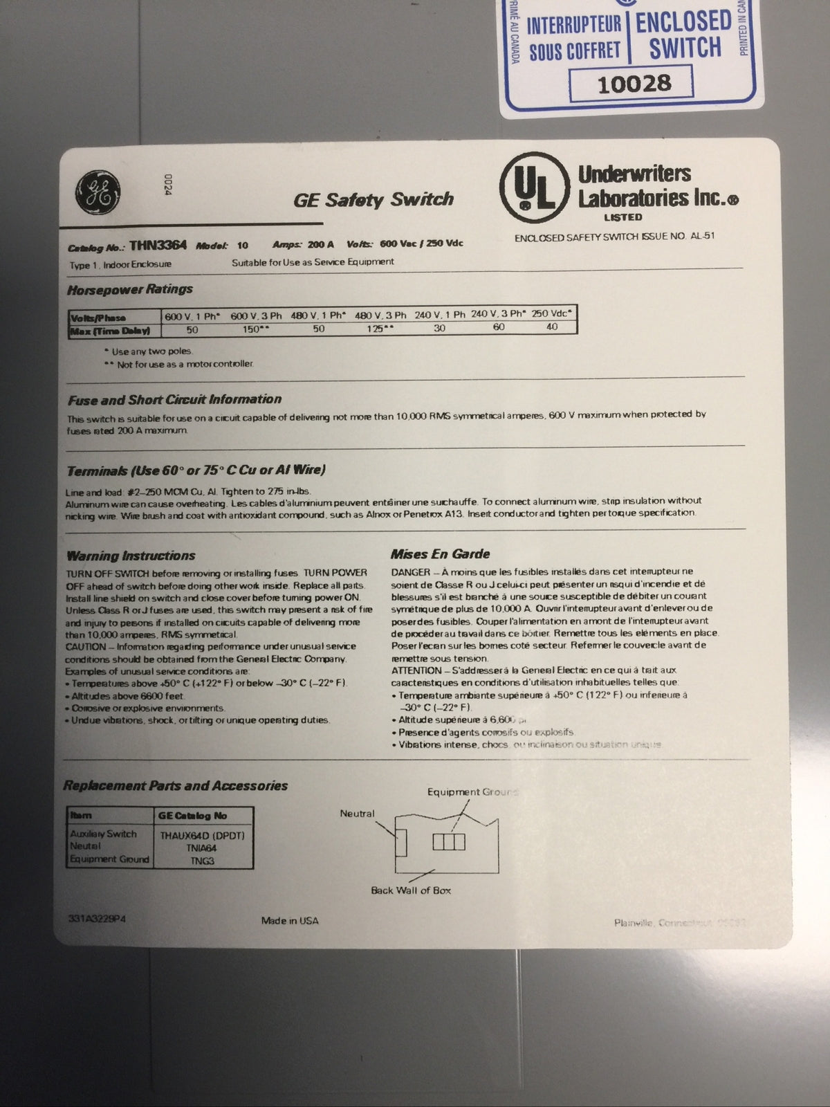 GE THN3364 SAFETY SWITCH 200AMP 250VDC 600VAC 150HP 3 PHASE NON-FUSIBLE MODEL 10