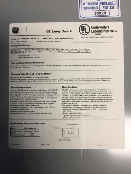 GE THN3364 SAFETY SWITCH 200AMP 250VDC 600VAC 150HP 3 PHASE NON-FUSIBLE MODEL 10
