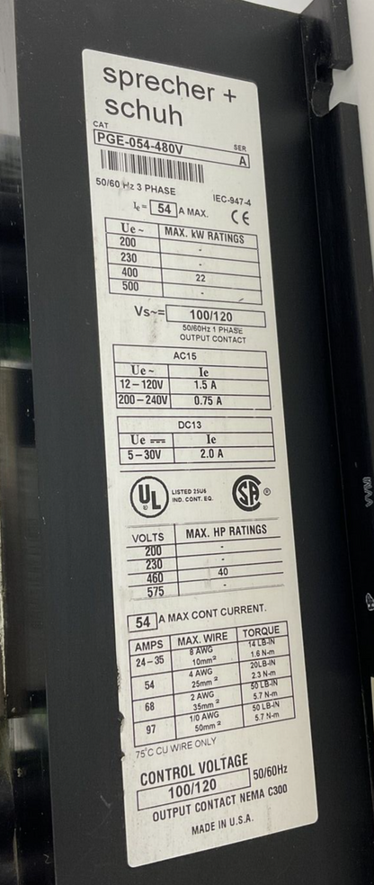 SPRECHER+SCHUH PGE-054-480V SOFT START SER.A 54A 50/60HZ 3PHASE 40HP