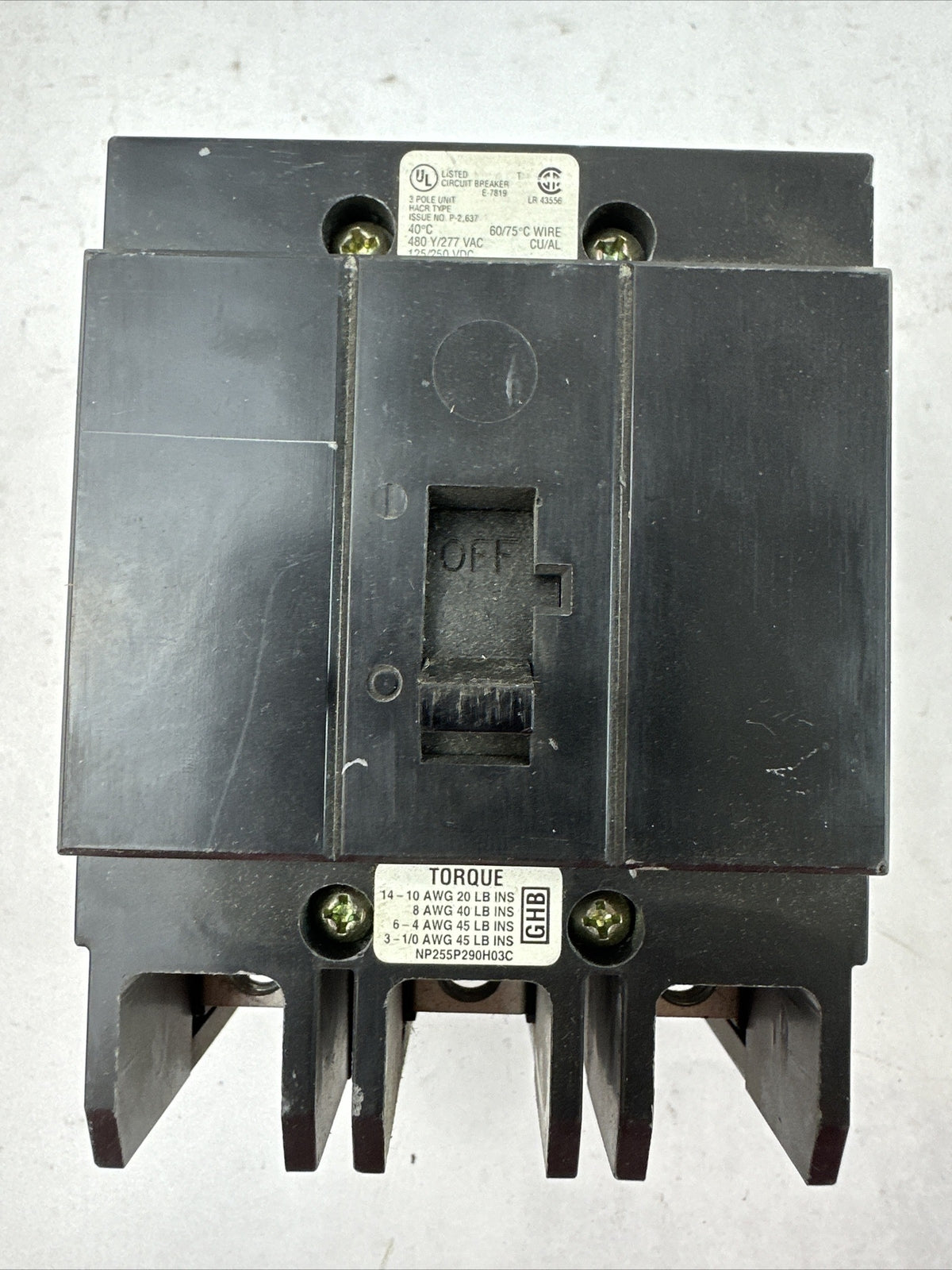 CUTLER HAMMER GHB3035 CIRCUIT BREAKER 3POLE 35AMP 277/480VAC 240VAC 125/250VDC