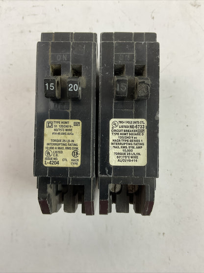 SQUARE D HOMT1520 MINITURE CIRCUIT BREAKER 15/20AMP 120/240VAC (LOT OF 2)