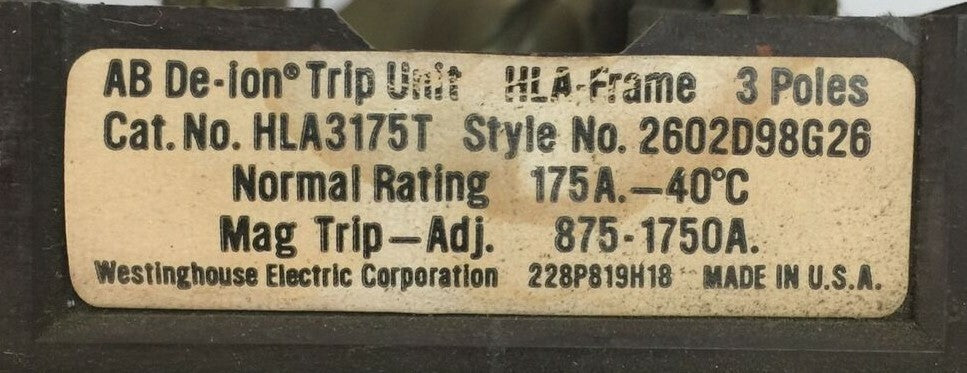 WESTINGHOUSE HLA3175T AB DE-ION TRIP UNIT 175AMP 3POLE MAG TRIP ADJ 875-1750A