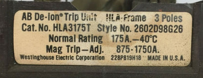 WESTINGHOUSE HLA3175T AB DE-ION TRIP UNIT 175AMP 3POLE MAG TRIP ADJ 875-1750A