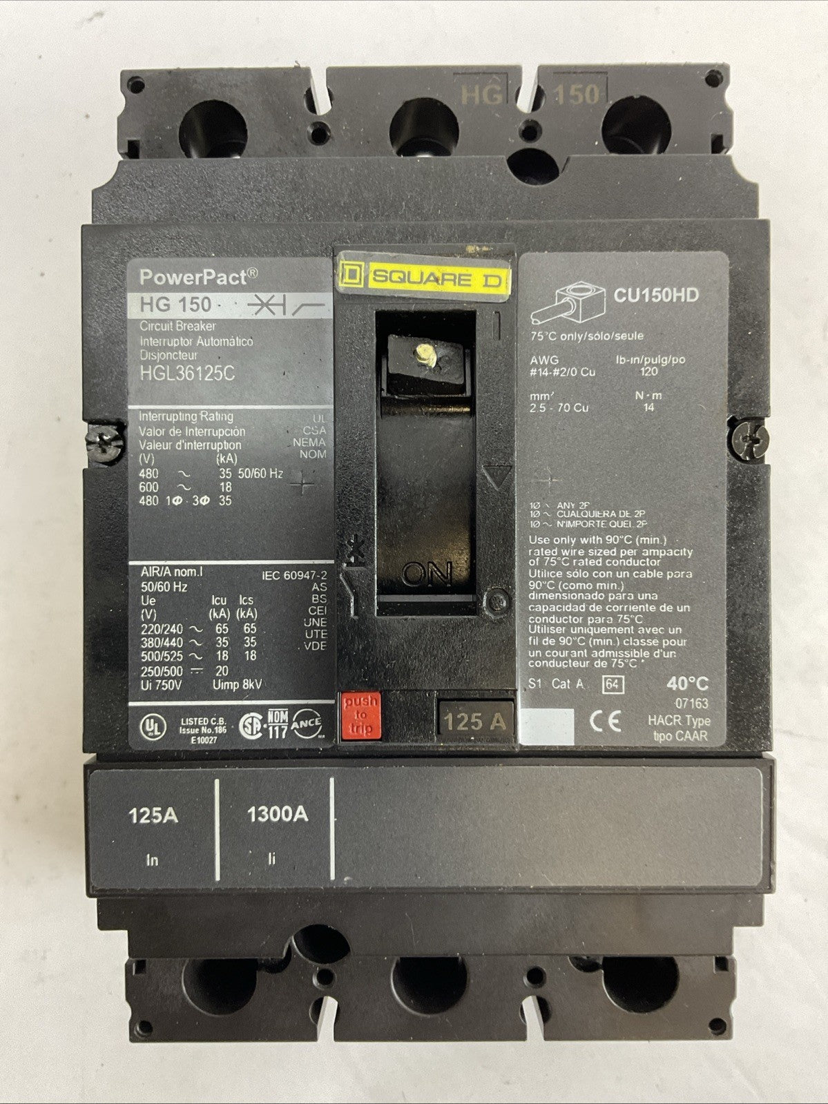 SQUARE D HGL36125C POWERPACT CIRCUIT BREAKER 125AMP 600VAC 3POLE