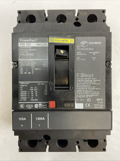 SQUARE D HGL36125C POWERPACT CIRCUIT BREAKER 125AMP 600VAC 3POLE