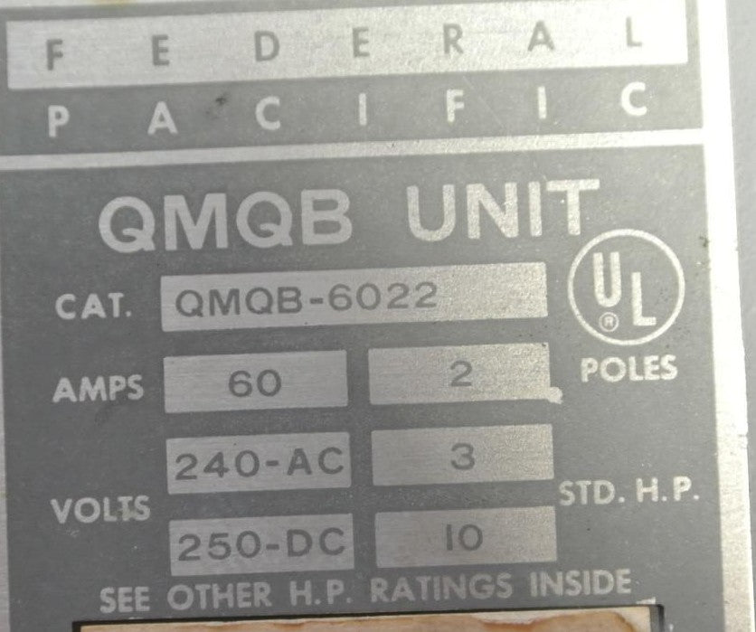 FEDERAL PACIFIC QMQB-6022  TWIN PANELBOARD SWITCH - 240VAC, 60A, 2-POLE, 3HP