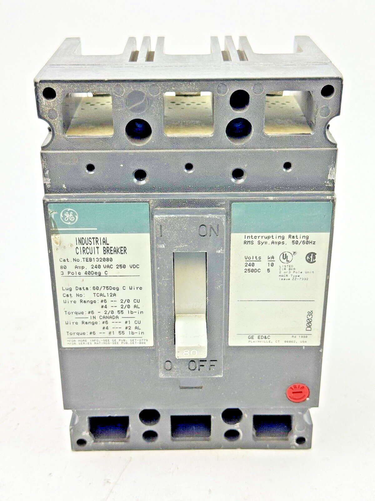 GE - TEB132080 - INDUSTRIAL CIRCUIT BREAKER  - 80 A, 240 VAC, 250 VDC, 3 POLE