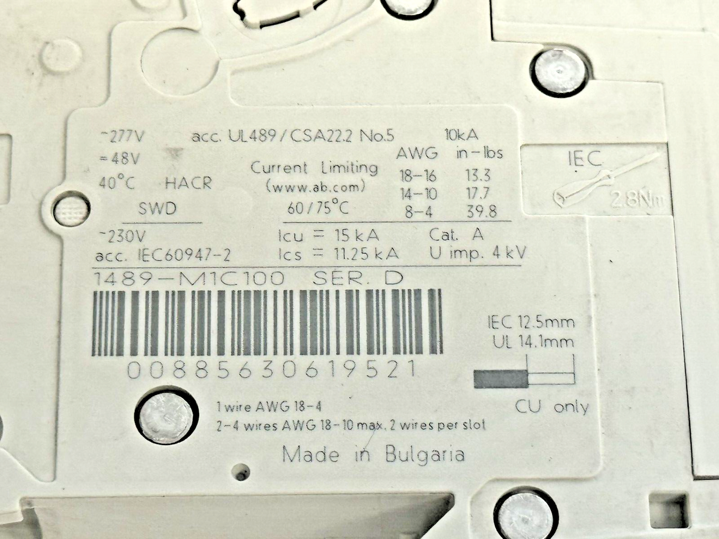ALLEN-BRADLEY - 1489-M1C100 SER. D - MINIATURE CIRCUIT BREAKER - 1 P, 10A, 277 V