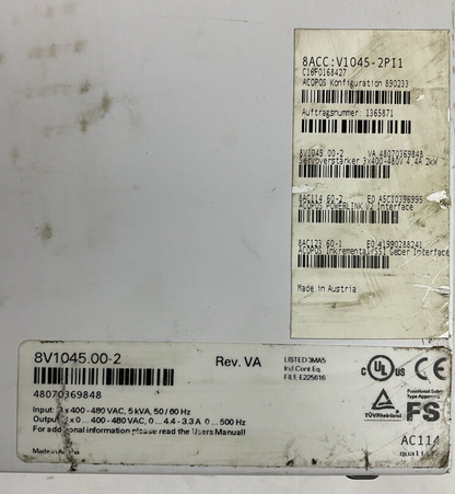 B&R ACOPOS 1045 8V1045.00-2 REV VA SERVO DRIVE 8AC123.60-1 REV E0 8AC114-60.2