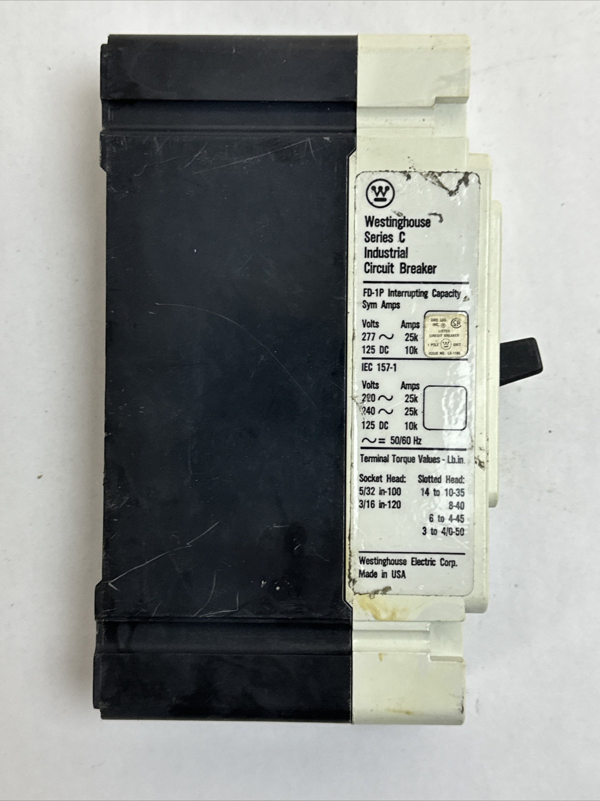 WESTINGHOUSE FD1015L CIRCUIT BREAKER 15AMP 277V-50/60HZ 125V-DC 1POLE 6629C91G04
