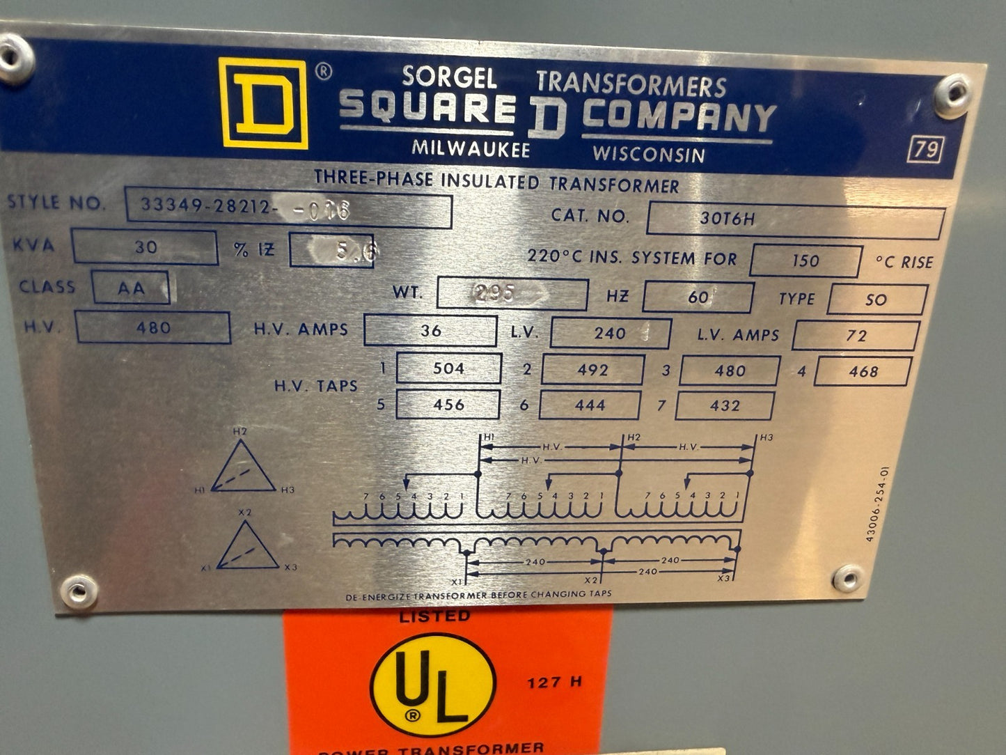 SQUARE D 30T6H 3PHASE INSULATED TRANSFORMER 30KVA H.V. 480 36A L.V. 240 72A