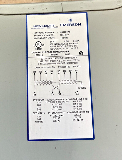 EMERSON HEVI-DUTY HSF12F2AS TRANSFORMER 277V 1PH 2KVA 60HZ